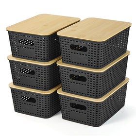 Ohmlove bamboo-lid storage basket front view showing sturdy organization on a shelf