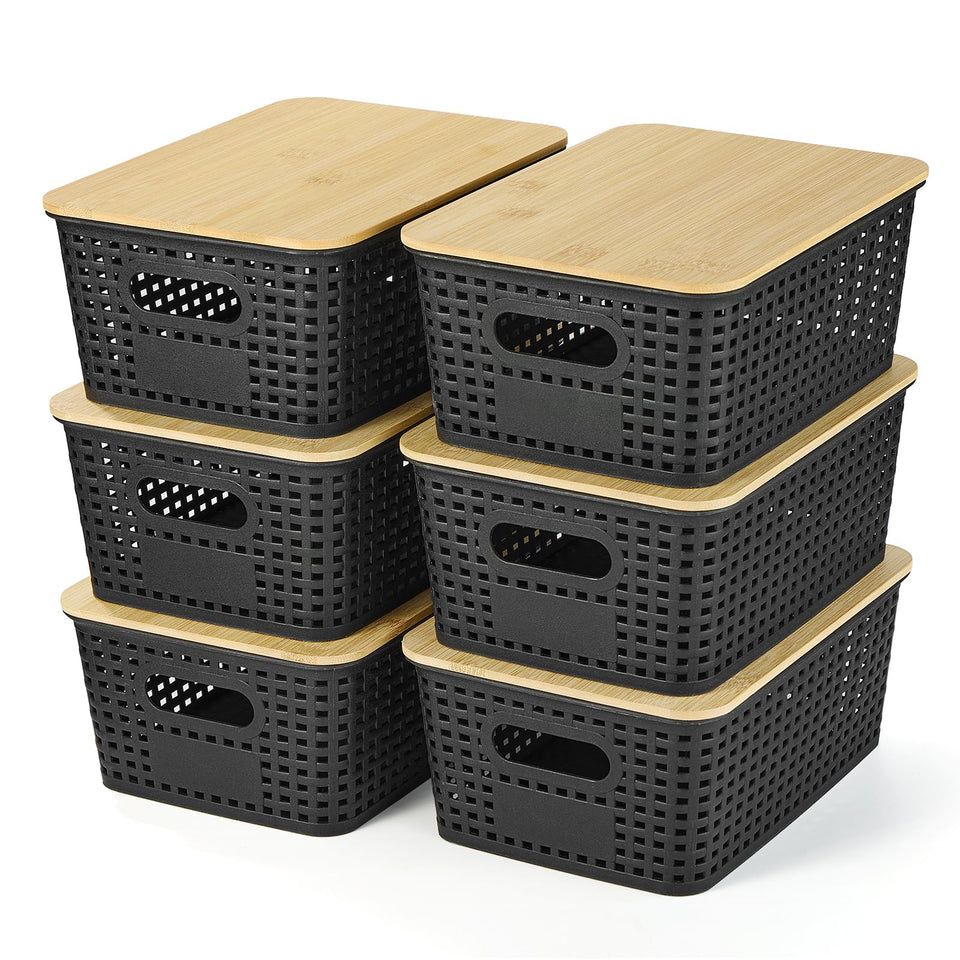 Ohmlove bamboo-lid storage basket front view showing sturdy organization on a shelf