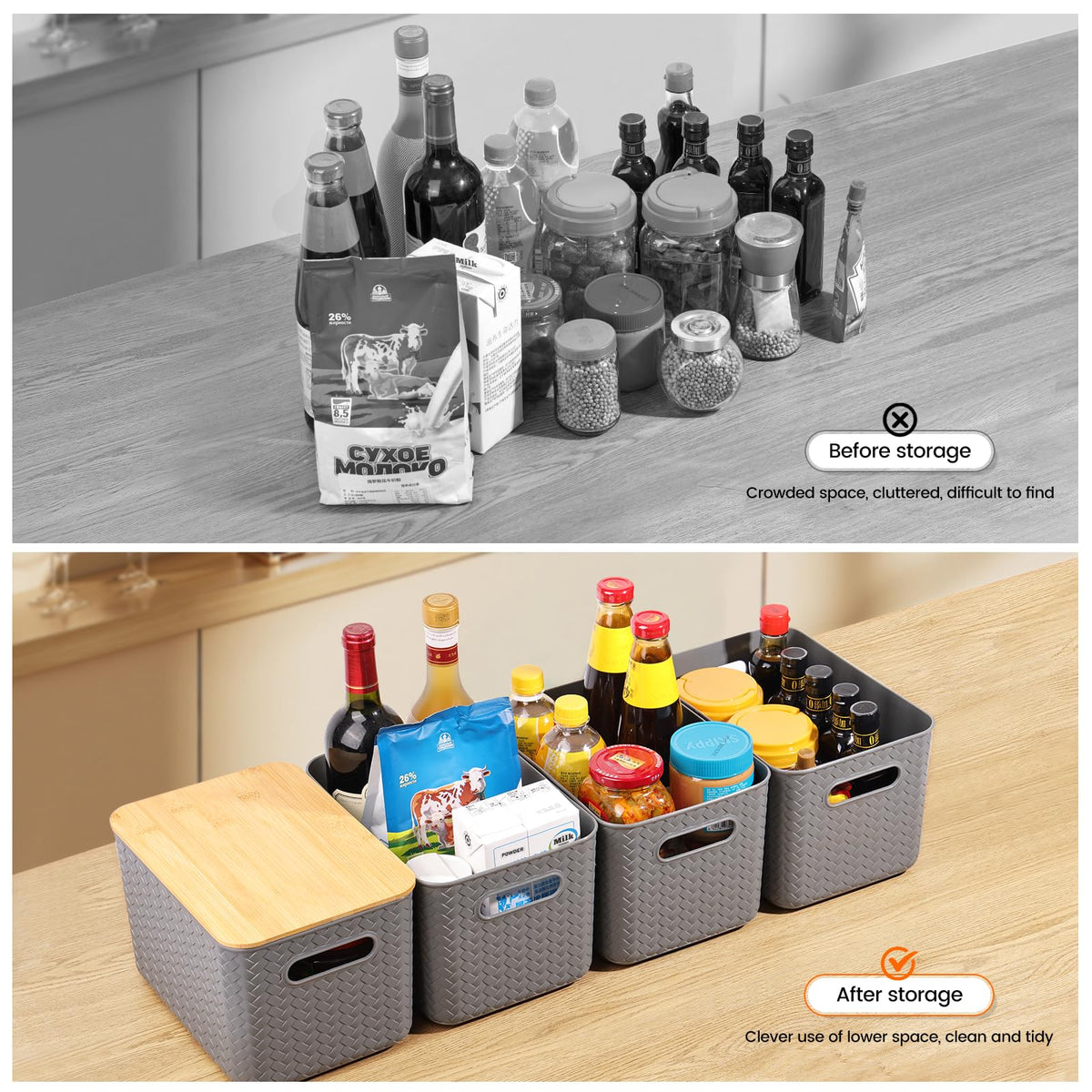 Ohmlove basket organizer with lid gray, saves space on shelves.