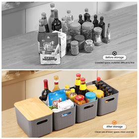 Ohmlove basket organizer with lid gray, saves space on shelves.