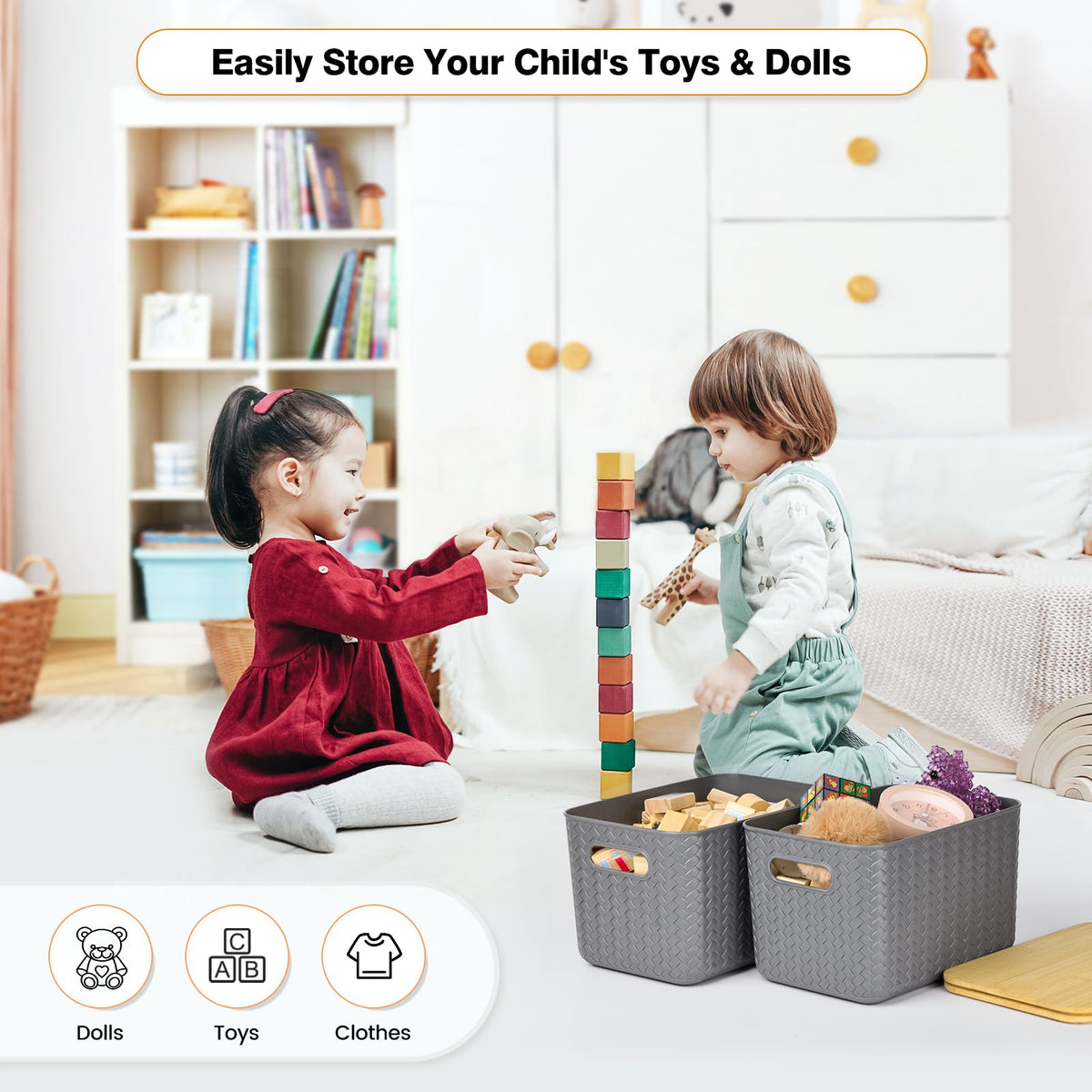 Ohmlove closet storage bin gray, perfect for cabinets and shelves.