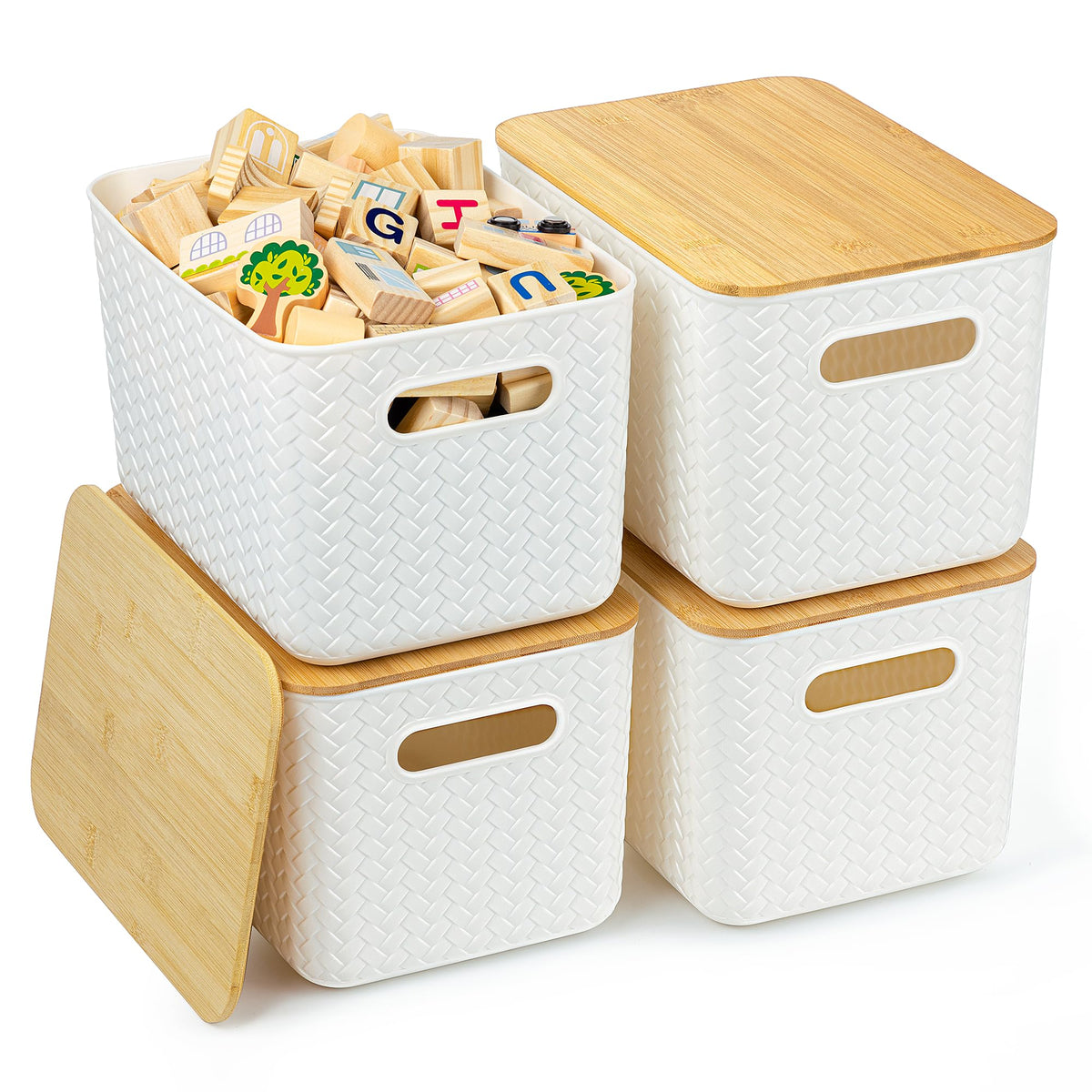 Ohmlove four-pack storage bins with bamboo lids on a shelf for organized pantry items.