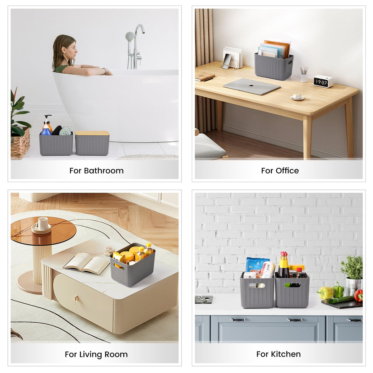 Ohmlove office storage bin gray, ideal for desks and supplies.