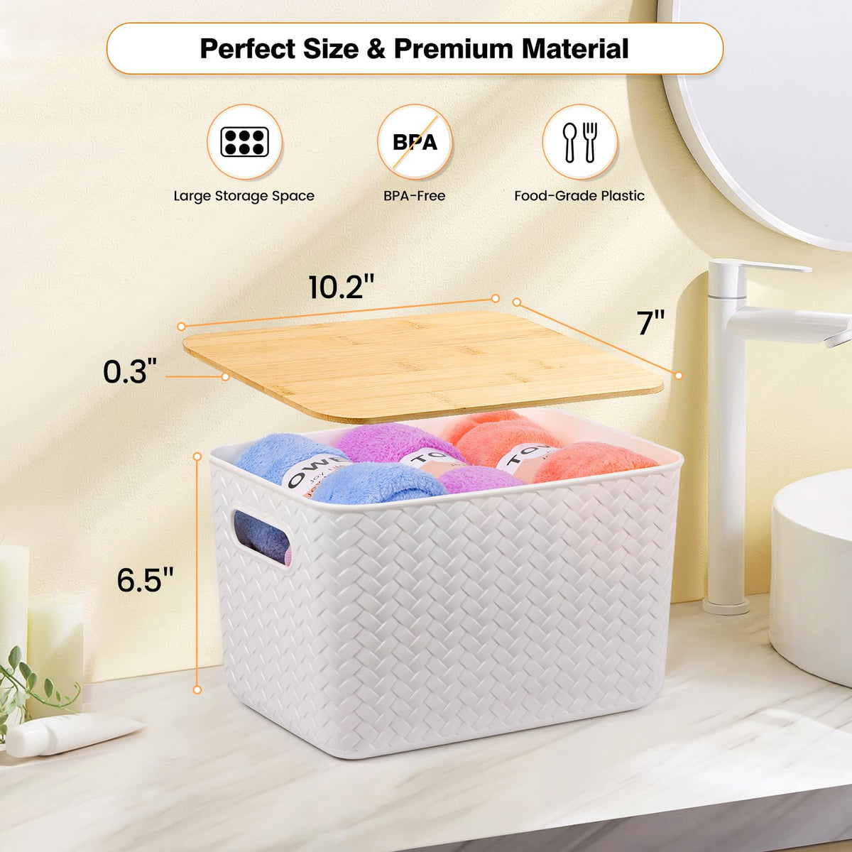 Ohmlove stackable plastic bin with bamboo lid saves cabinet space.