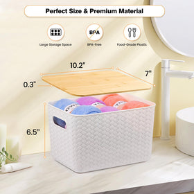 Ohmlove stackable plastic bin with bamboo lid saves cabinet space.