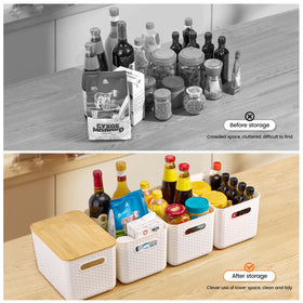 Ohmlove storage bin on kitchen shelf for easy access.