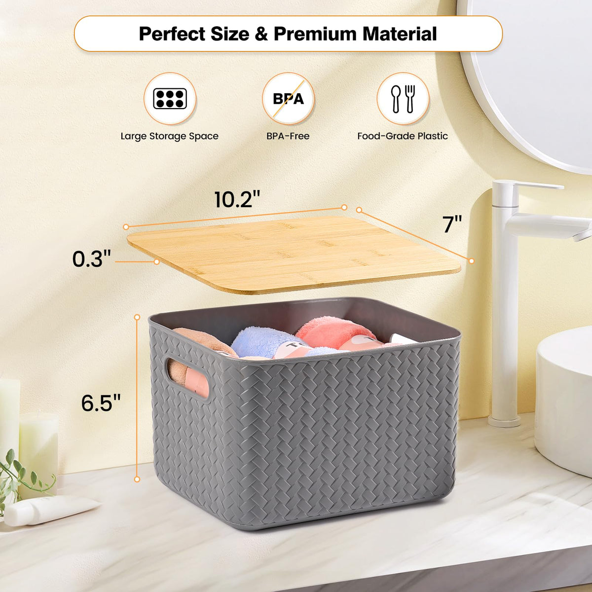 Ohmlove storage bin with bamboo lid in gray, ideal for closets and desks.