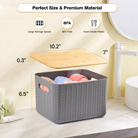 Ohmlove storage bin with bamboo lid in gray, ideal for closets and desks.