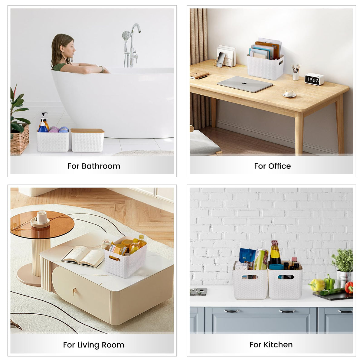 Ohmlove white storage bins blend with decor and reduce clutter.