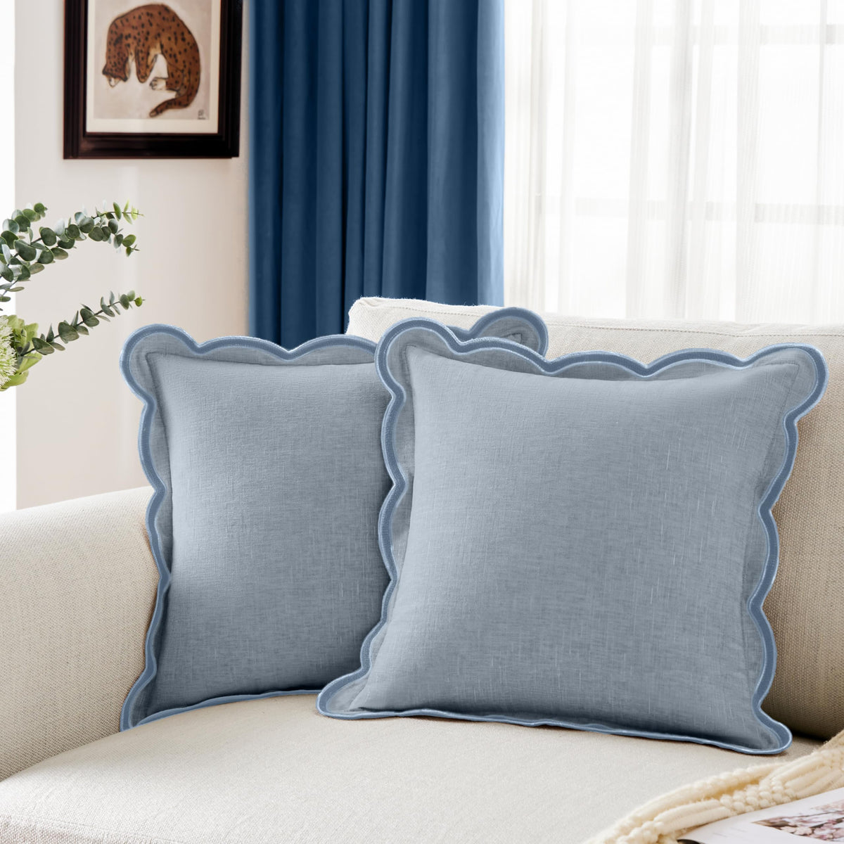 Ohocut scalloped-edge pillow cover in Misty Blue adds chic living room accent.