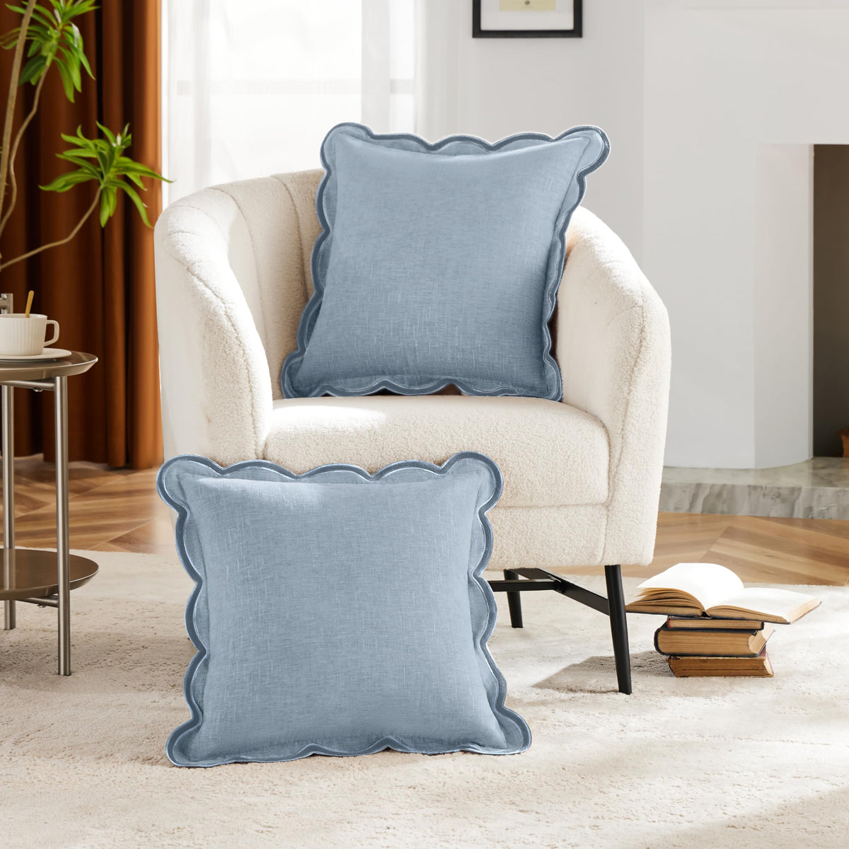 Ohocut scalloped edge cover on Misty Blue fabric enhances seating area