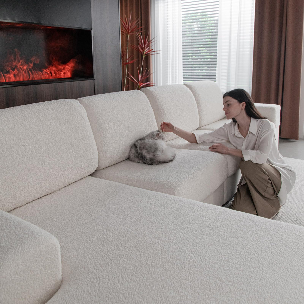 OHSIO chaise cushion cover in ivory provides a snug, non-slip fit for sectional sofas.