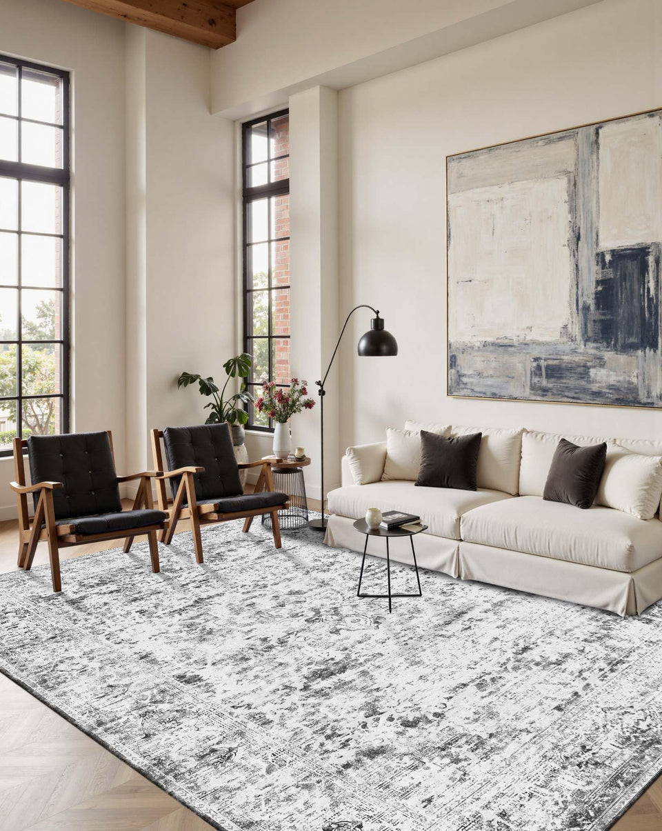 OHWPEAT area rug 5x7 grey in living room showing easy maintenance and soft texture