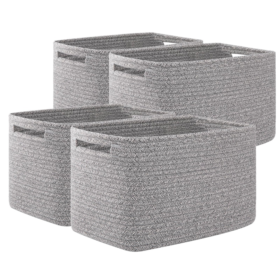 OIAHOMY 4-pack grey storage baskets close-up showing cotton rope weave for safe organization