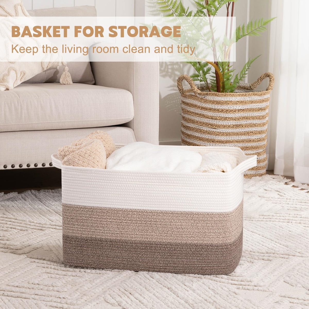 OIAHOMY basket with handles demonstrates easy portability from bedroom to living room.