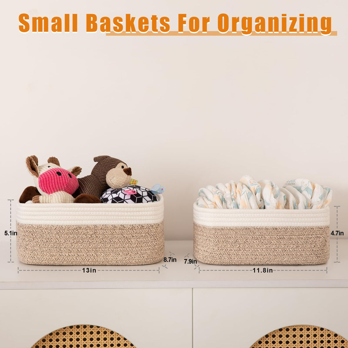 OIAHOMY brown-white storage basket set closeup shows natural cotton texture for safe storage.