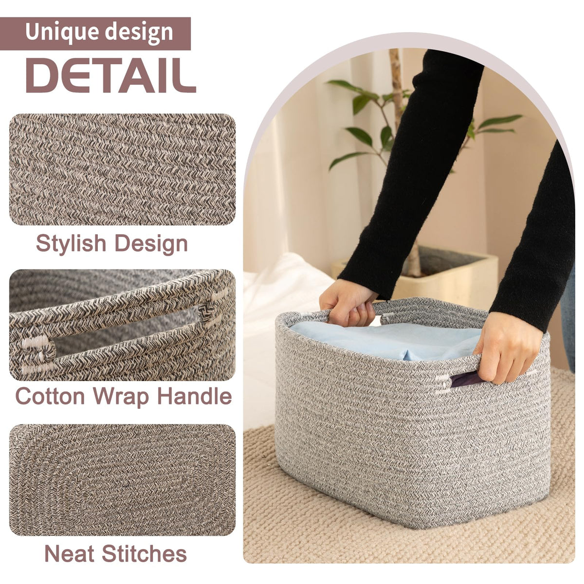 OIAHOMY cotton rope baskets demonstrate sturdy shape on cabinet for toy storage