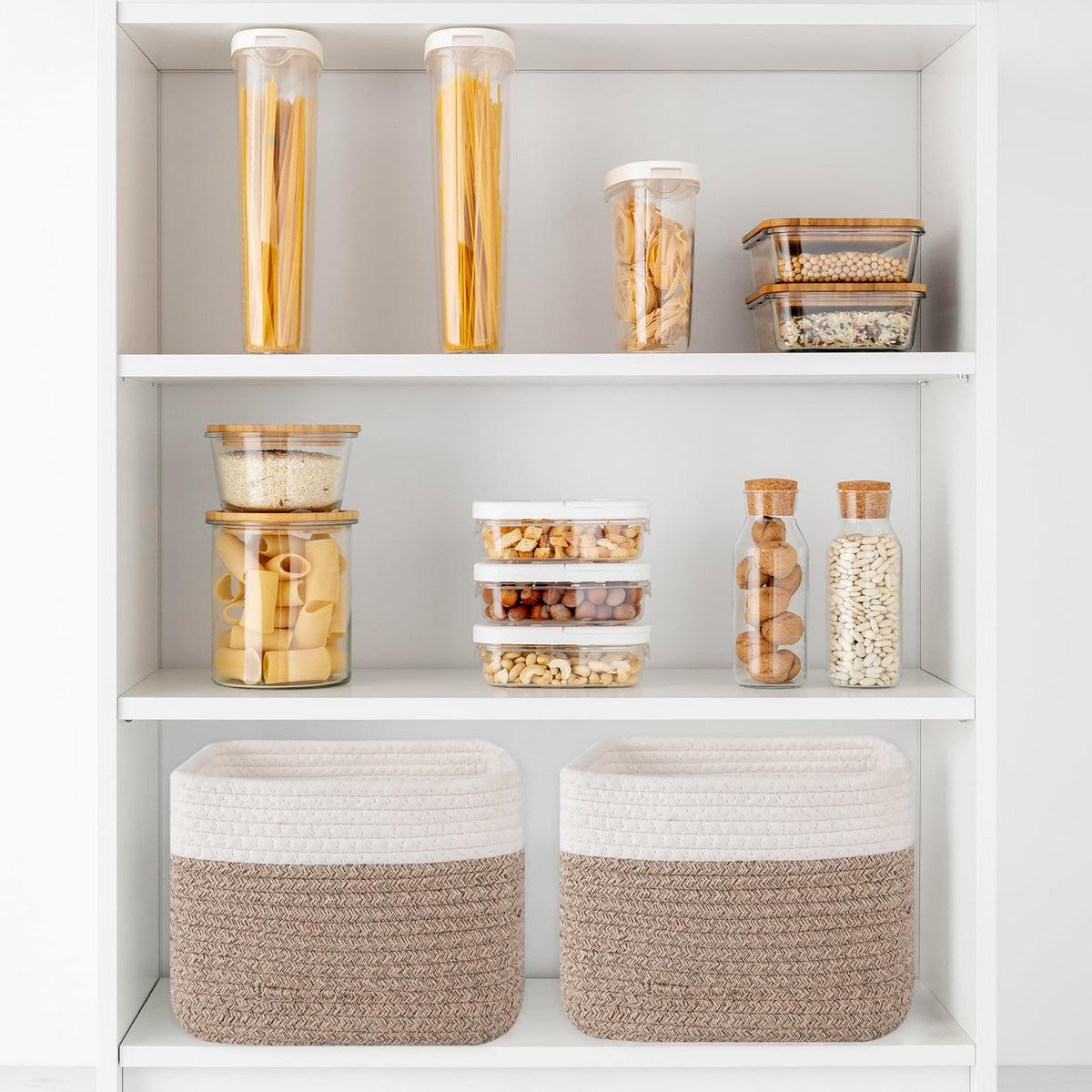 OIAHOMY brown and white weave adds natural texture to shelves.