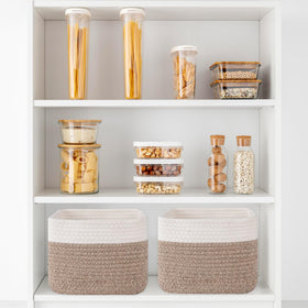OIAHOMY brown and white weave adds natural texture to shelves.