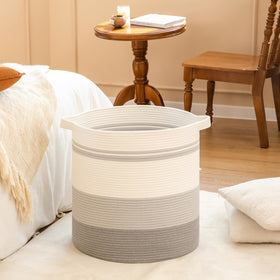 Gradient grey basket shows double-stitched, durable handles.
