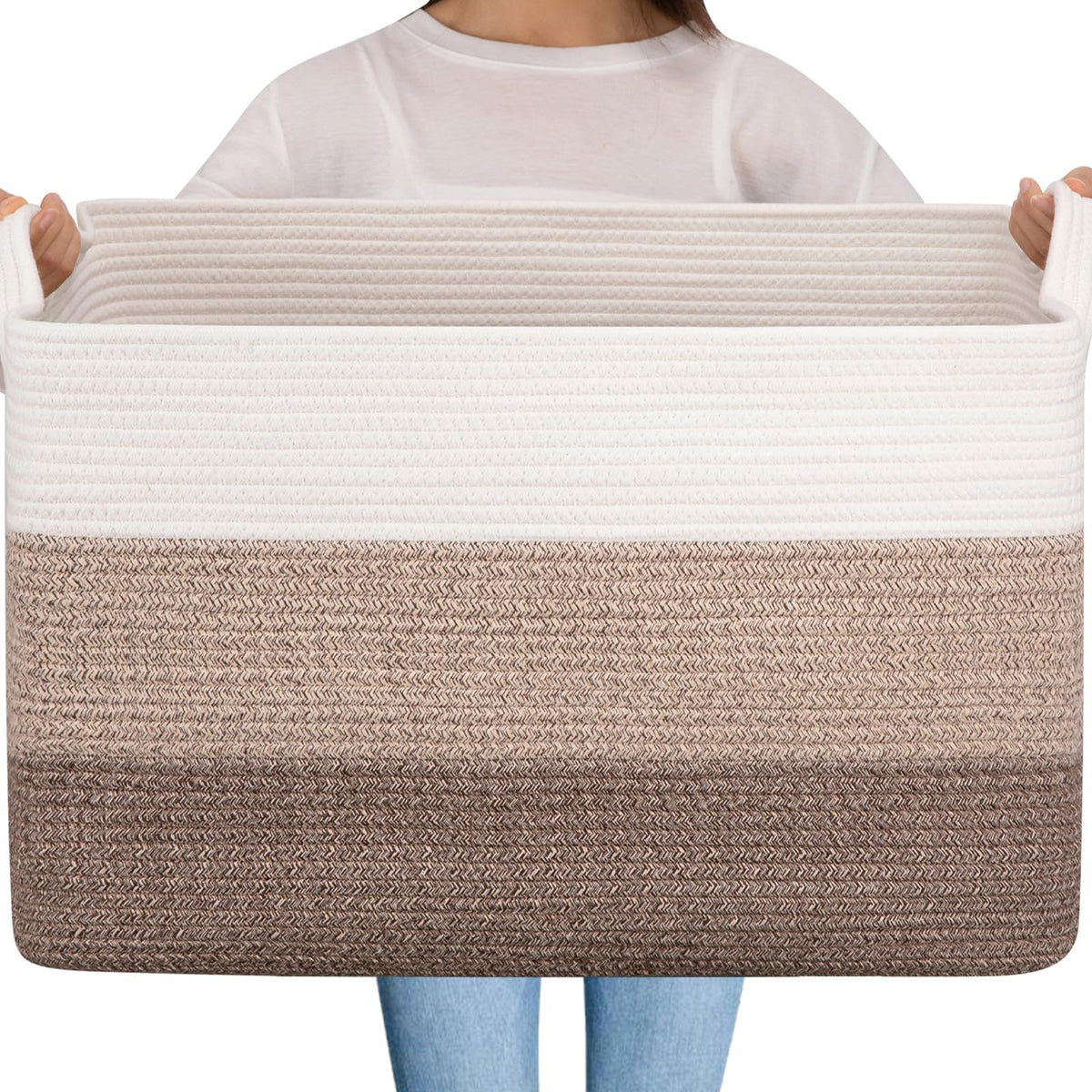 OIAHOMY extra large blanket basket front view shows sturdy cotton rope storage for blankets and toys.