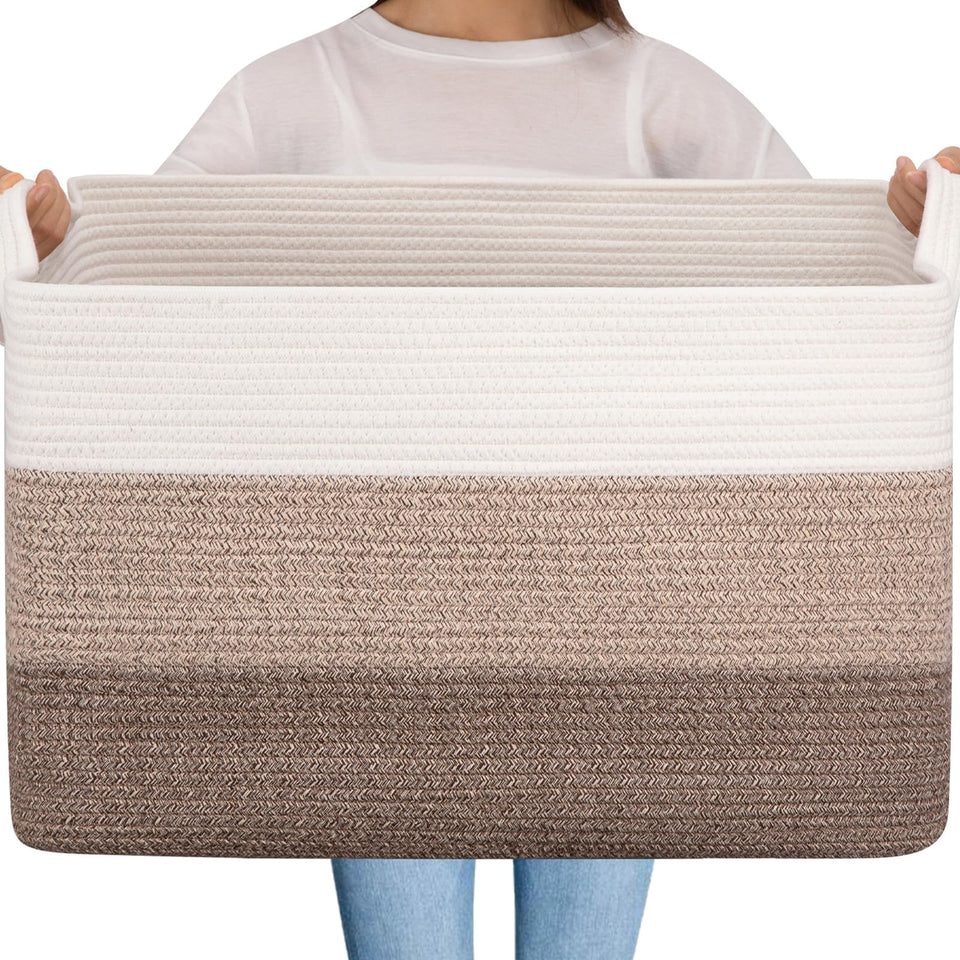 OIAHOMY extra large blanket basket front view shows sturdy cotton rope storage for blankets and toys.