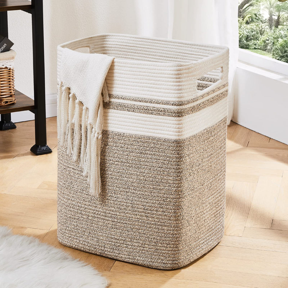 OIAHOMY cotton rope laundry hamper with woven texture, safe for kids and nursery spaces.