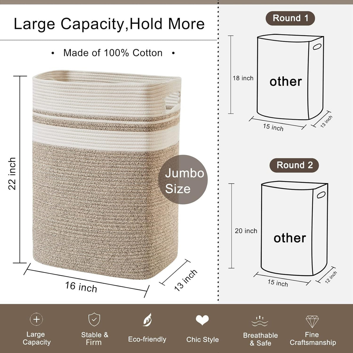 OIAHOMY oversized 16x13x22 inch basket keeps bulky items tidy.