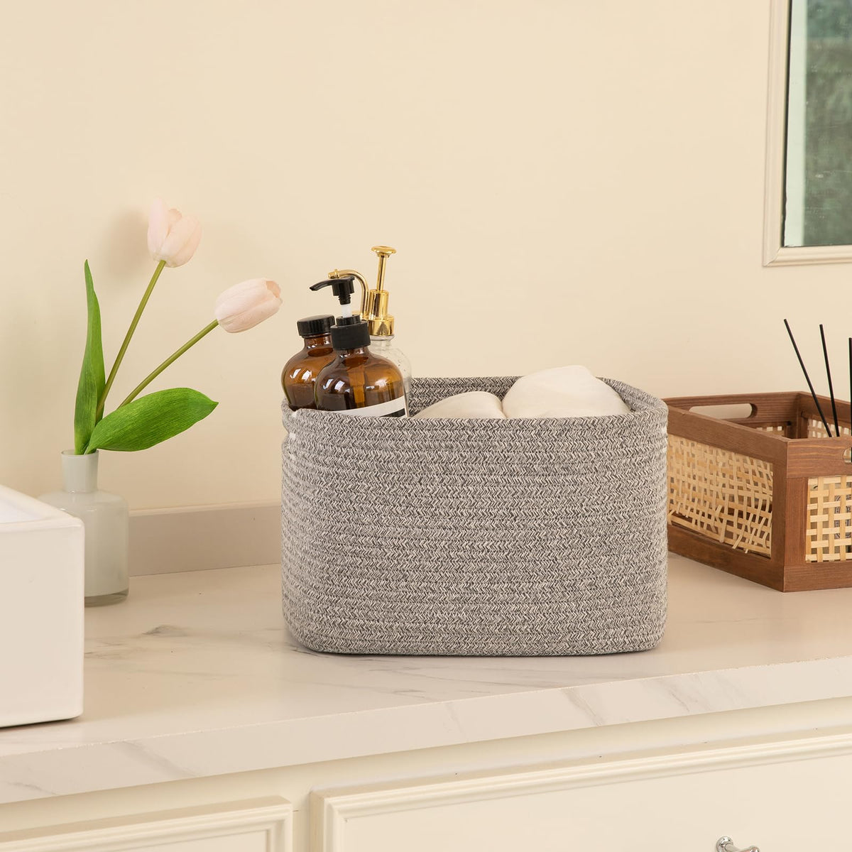 OIAHOMY grey storage bins for bathroom towels and grooming essentials