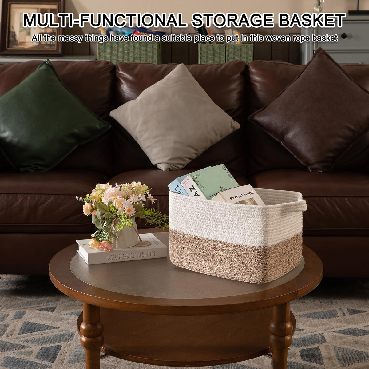 Neutral brown-white storage basket from OIAHOMY complements any decor.