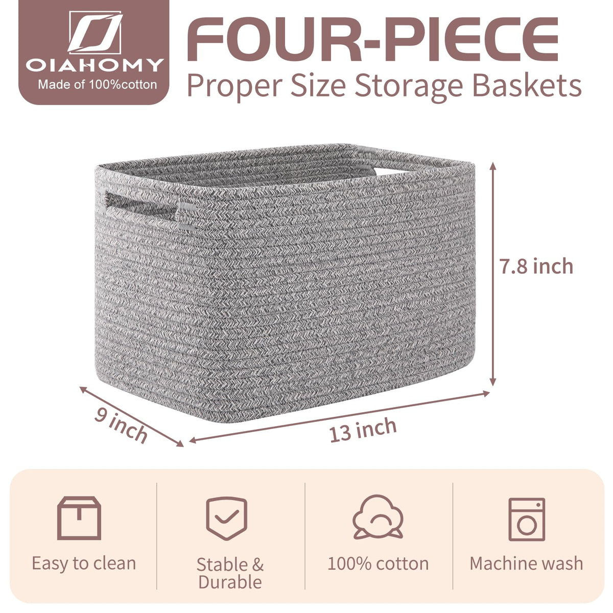 OIAHOMY rectangle storage baskets grey on shelf for clutter-free living room