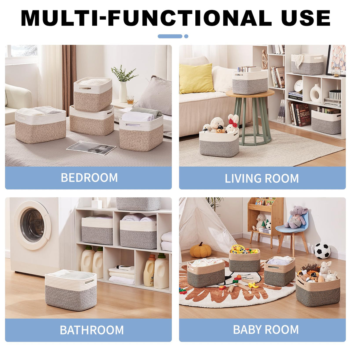 OIAHOMY rectangular storage baskets fit on shelves and wardrobes.