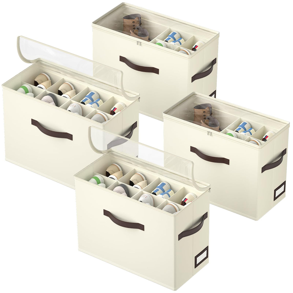OIAHOMY stackable beige shoe organizer viewed from top for easy closet organization.