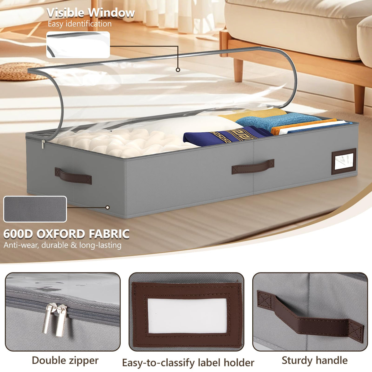 OIAHOMY under-bed storage featuring triple-handles for easy lifting from any side.