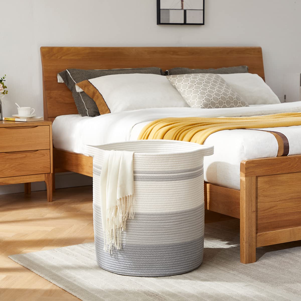 OIAHOMY woven storage basket with large capacity for toys and pillows.