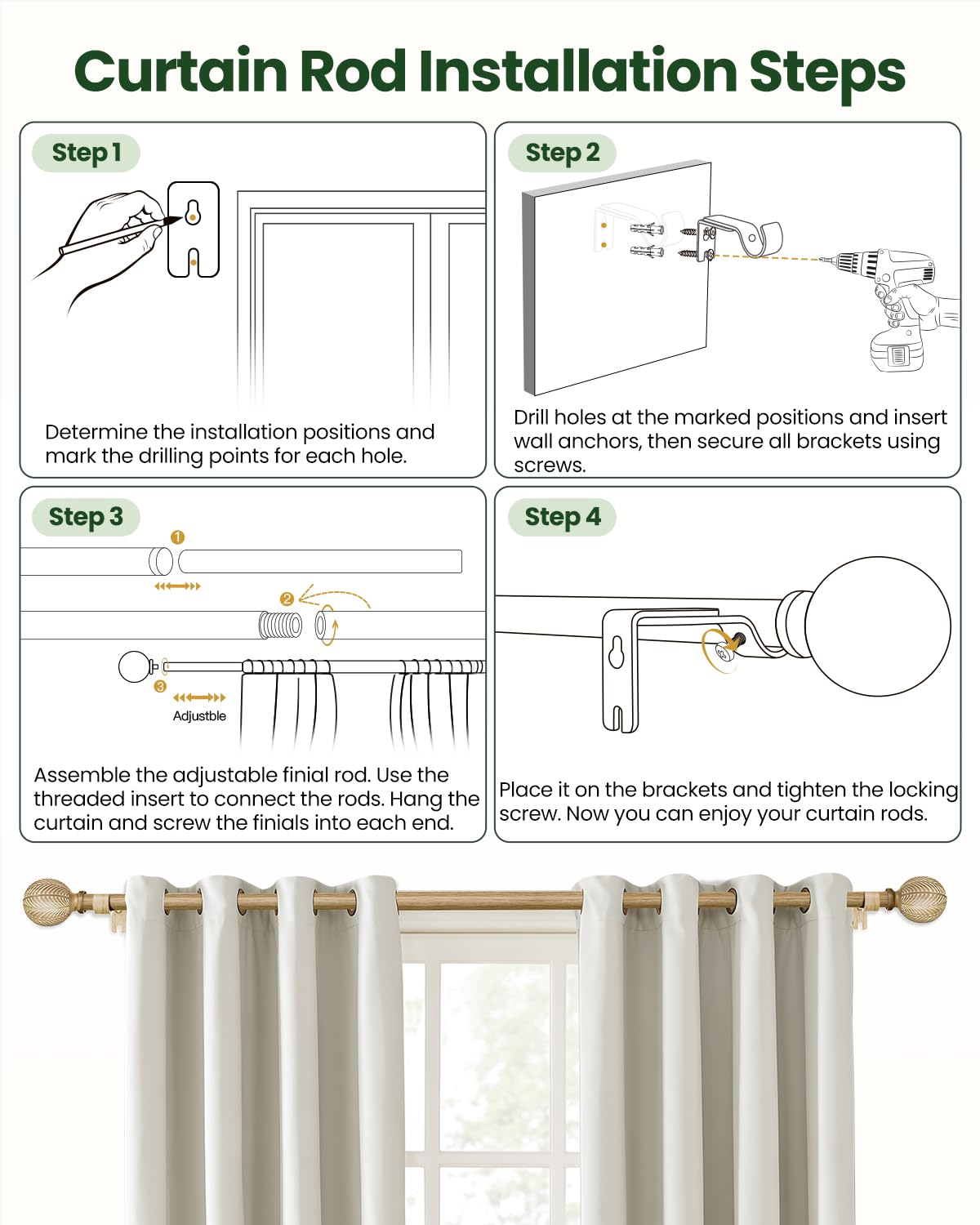 OICIPT easy installation curtain rod enables quick setup with included hardware.