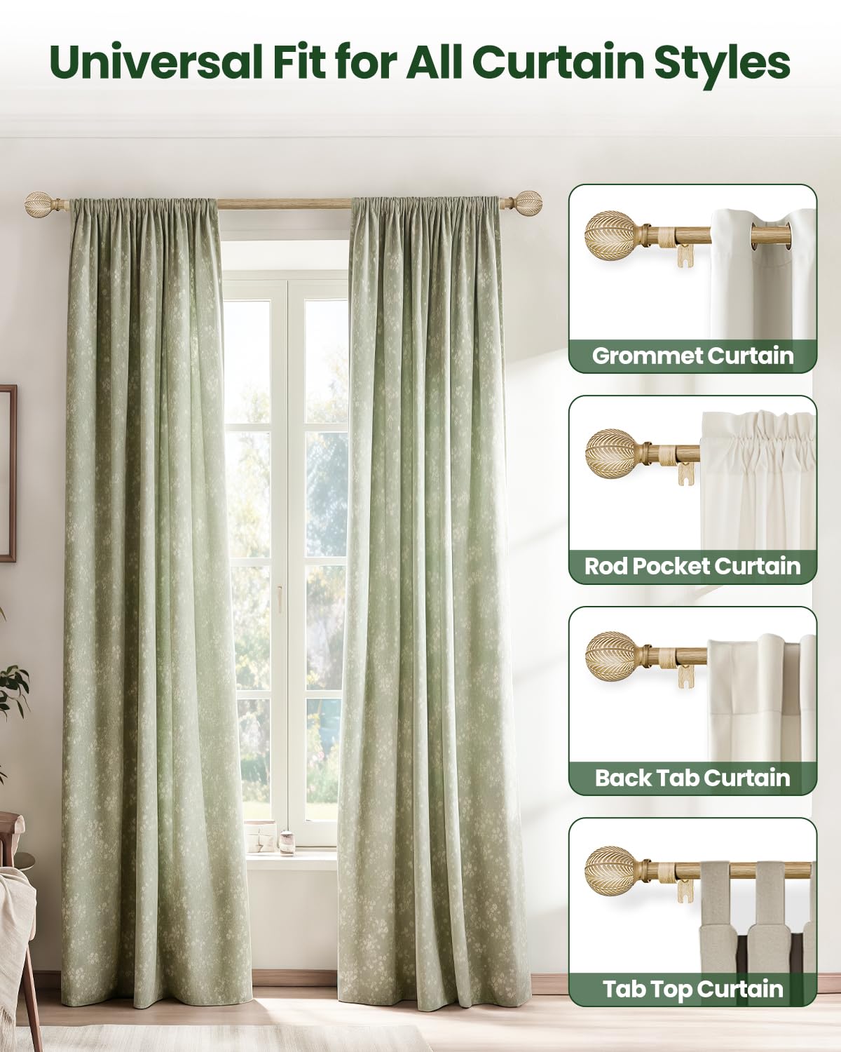 OICIPT interior/exterior curtain rod suitable for various rooms and spaces.
