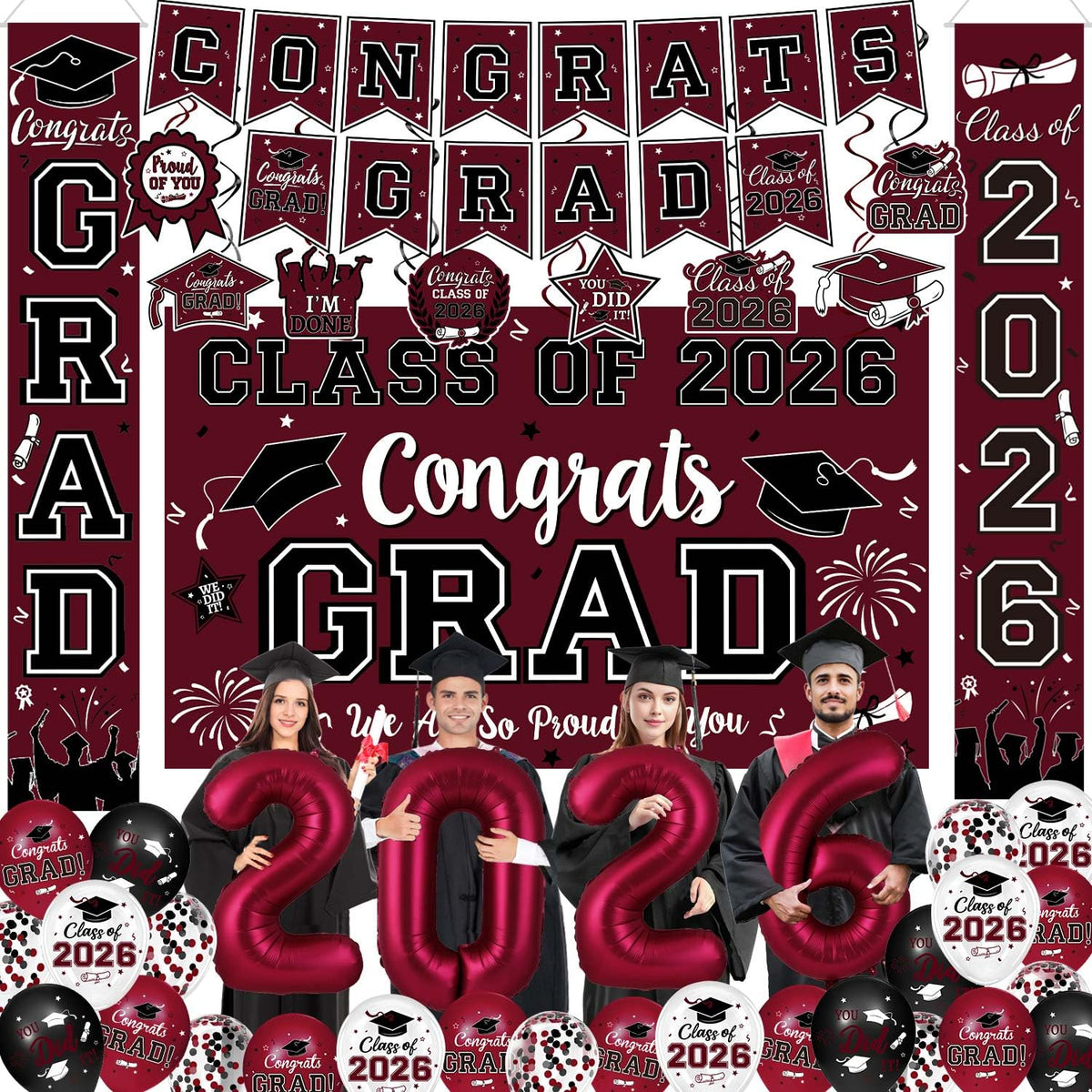 Oigco graduation banner 2026 maroon and black for a polished ceremony backdrop.