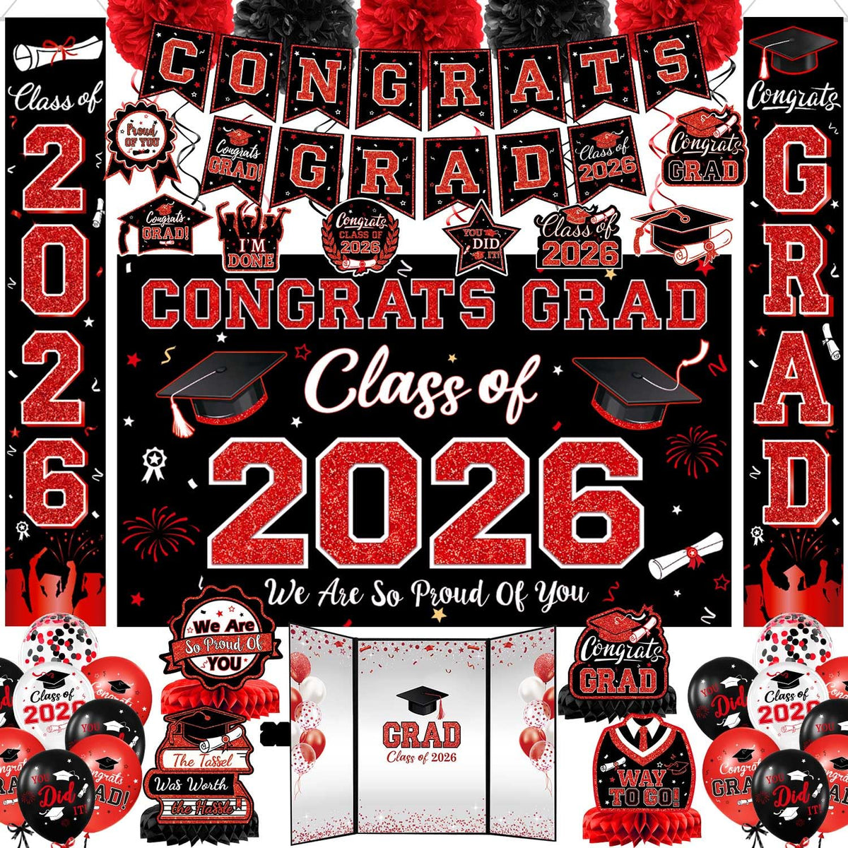 Oigco graduation banner set adds bold red and black flair to your party backdrop.