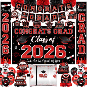 Oigco graduation banner set adds bold red and black flair to your party backdrop.
