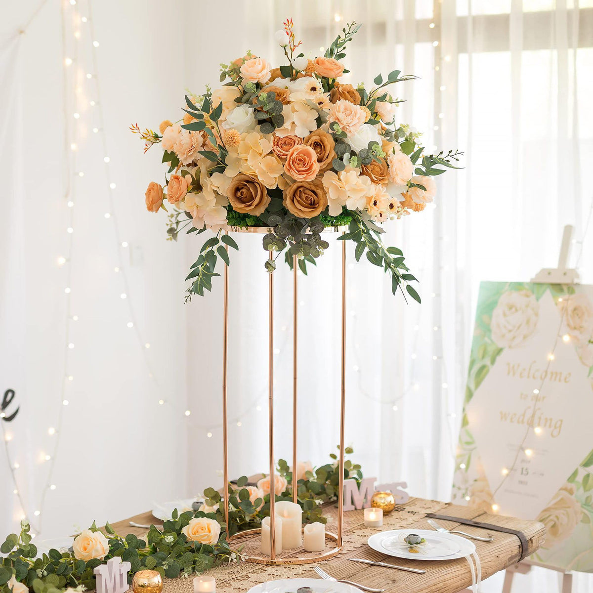 OIHYA rose gold pedestal set with varying heights for floral displays.