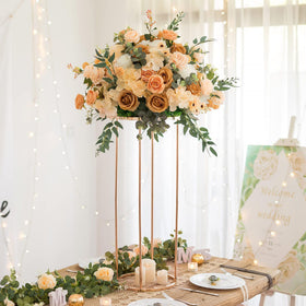 OIHYA rose gold pedestal set with varying heights for floral displays.