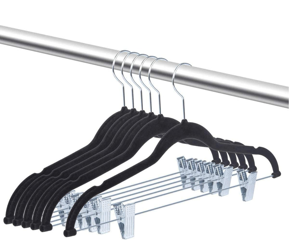 OIKA Black Velvet Hanger with Clips showing space-saving 16-7-inch profile for tight closets.