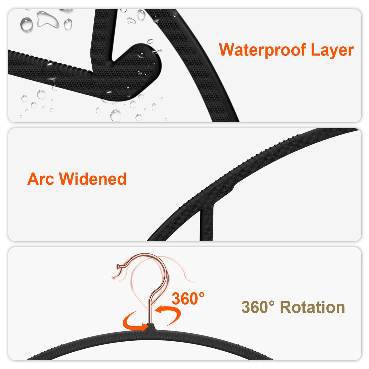OIKA Hangers with 360-degree rotating hooks for easy access.