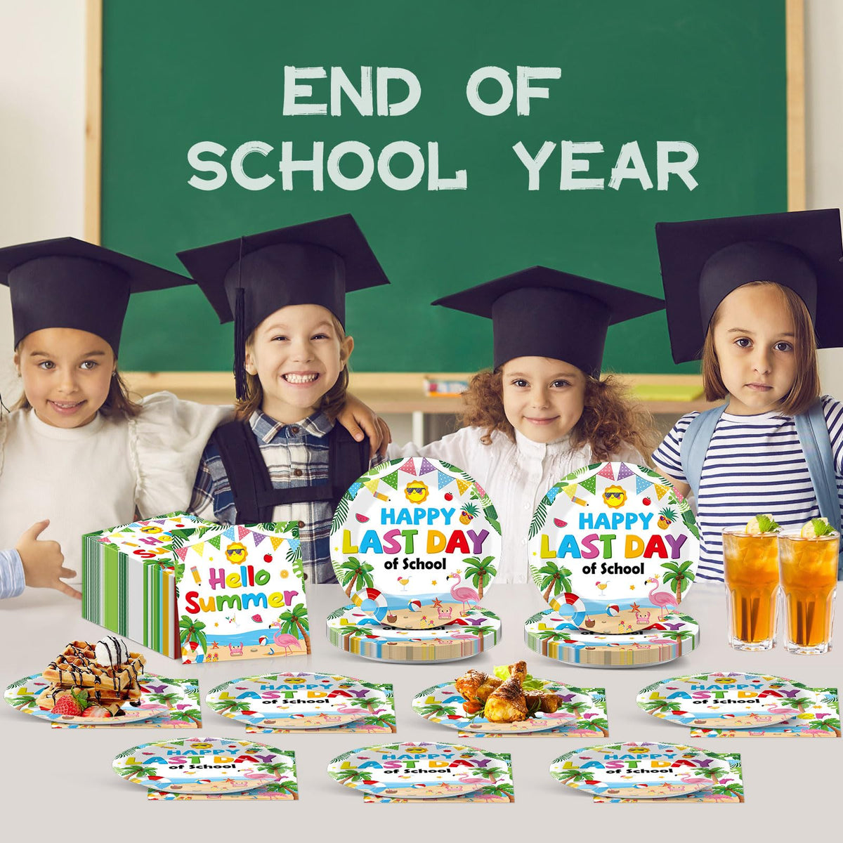 Oitnlaughter chalkboard-style decor complements summer themes for cohesive tables