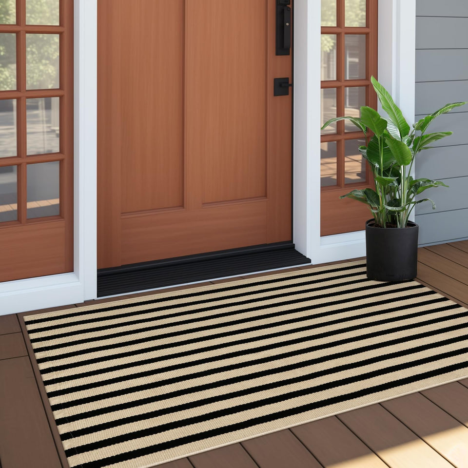OJIA outdoor porch rug 24x51 with black and tan stripes for high-traffic entryways.