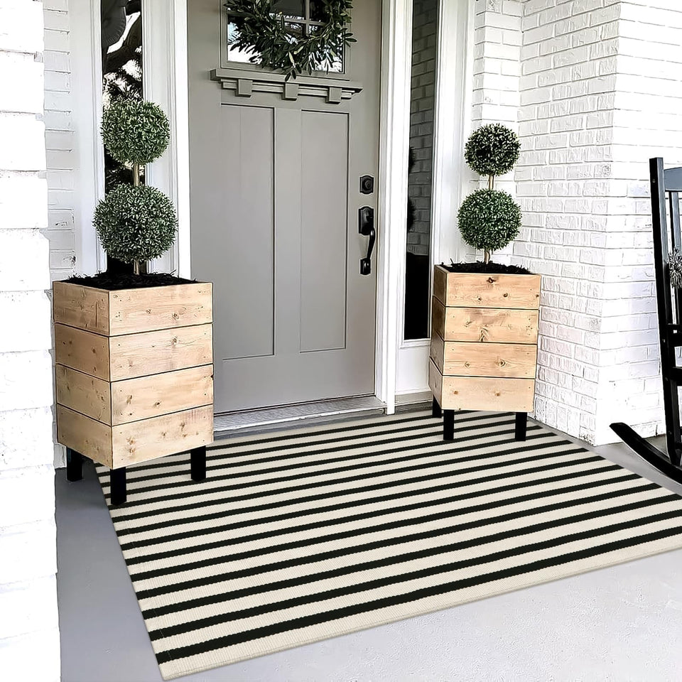 OJIA outdoor rug 3x5 striped front door mat; durable and easy to clean.
