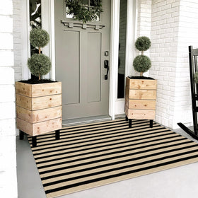 OJIA Washable Outdoor Rug in black-tan stripes, ideal for busy entryways.