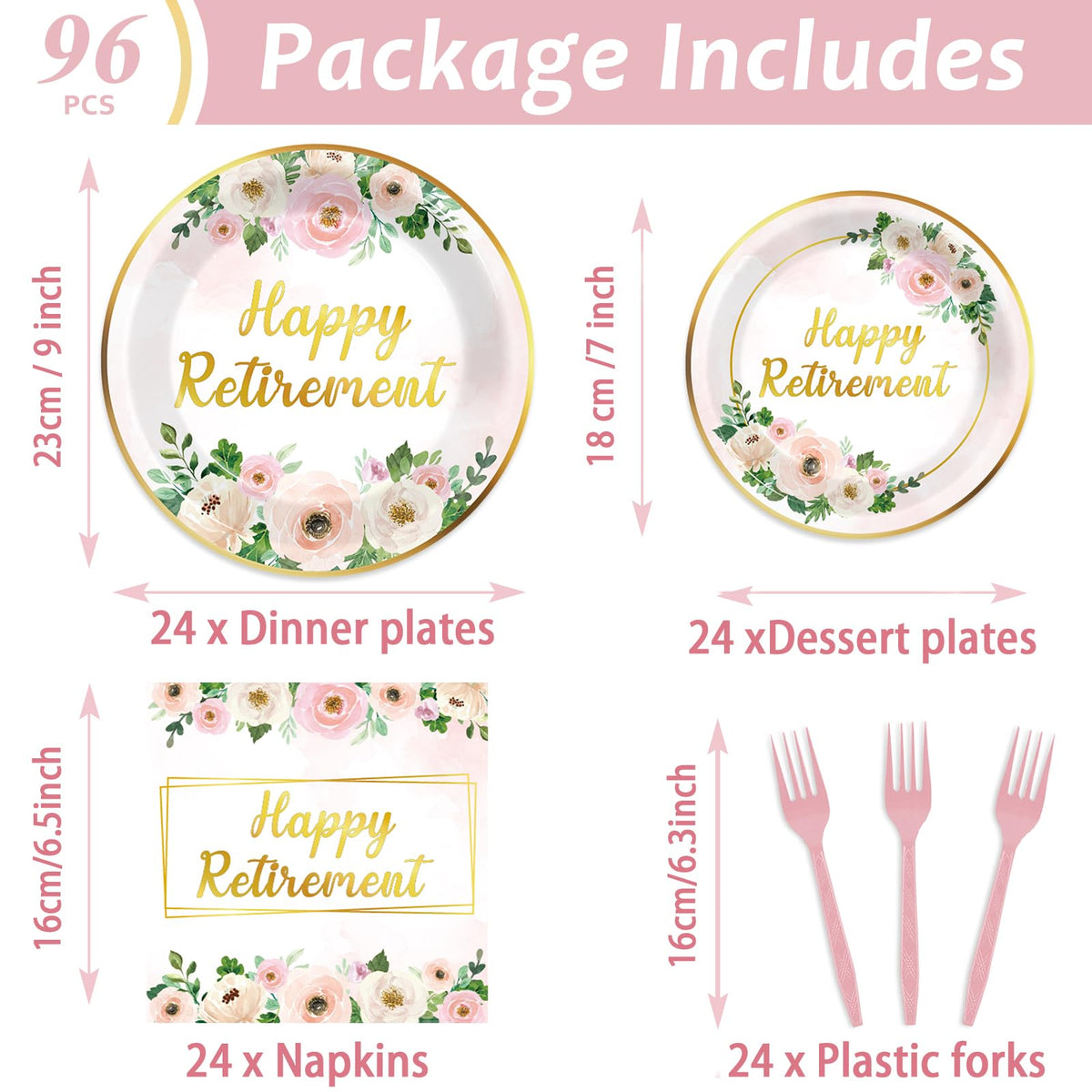 Ojustbeok 7-inch pink floral retirement plates with gold rim for easy serving