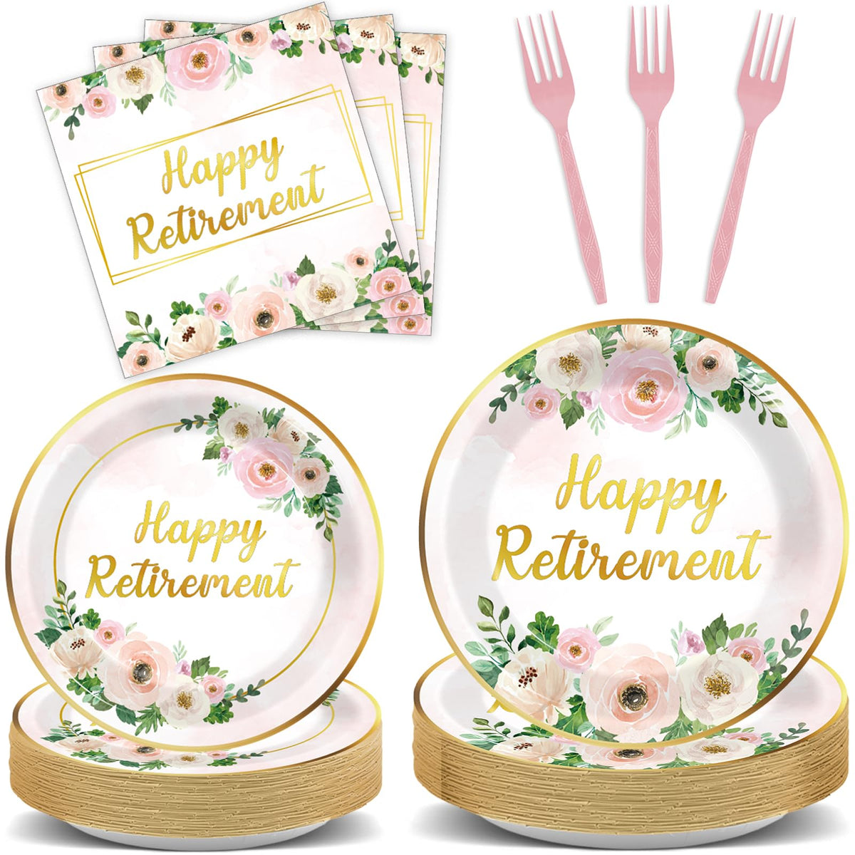 Ojustbeok 9-inch pink floral retirement plates with gold rim for festive farewell celebrations